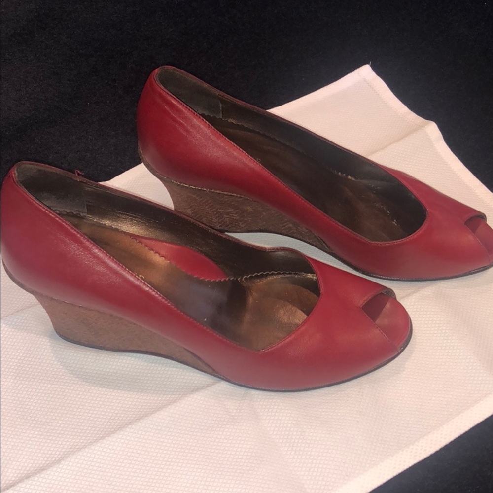 Taryn Rose red leather peep toe wedges